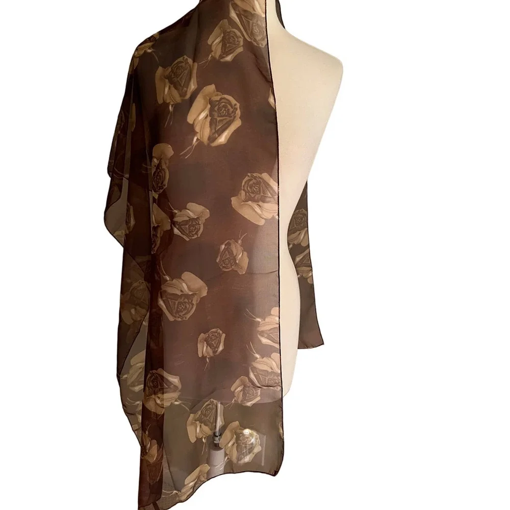 Vintage Sheer Brown Rose Scarf Long Floral Oblong Made in Korea
